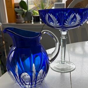 Vibrant Blue Glass Pitcher and Bowl Set